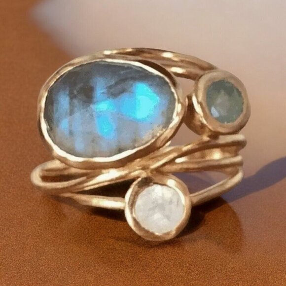 Turquoise Synthetic Three-Stone Ring, Gold Plated, Wide Statement Ring - Picture 8 of 8